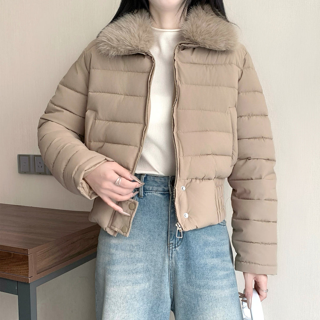 Damen nan kurze wattierte Taillenjacke mit abnehmbarem Kunstfellkragen und verstärktem Saum Shop Nory