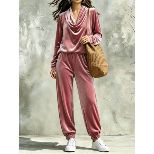 Damen Samt-Lounge-Set mit Wasserfallkragen und Jogger-Hose Shop Nory