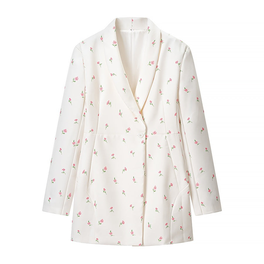 Damen Geblümte Longline-Blazerjacke mit Schalkragen und Ein-Knopf-Verschluss Shop Nory