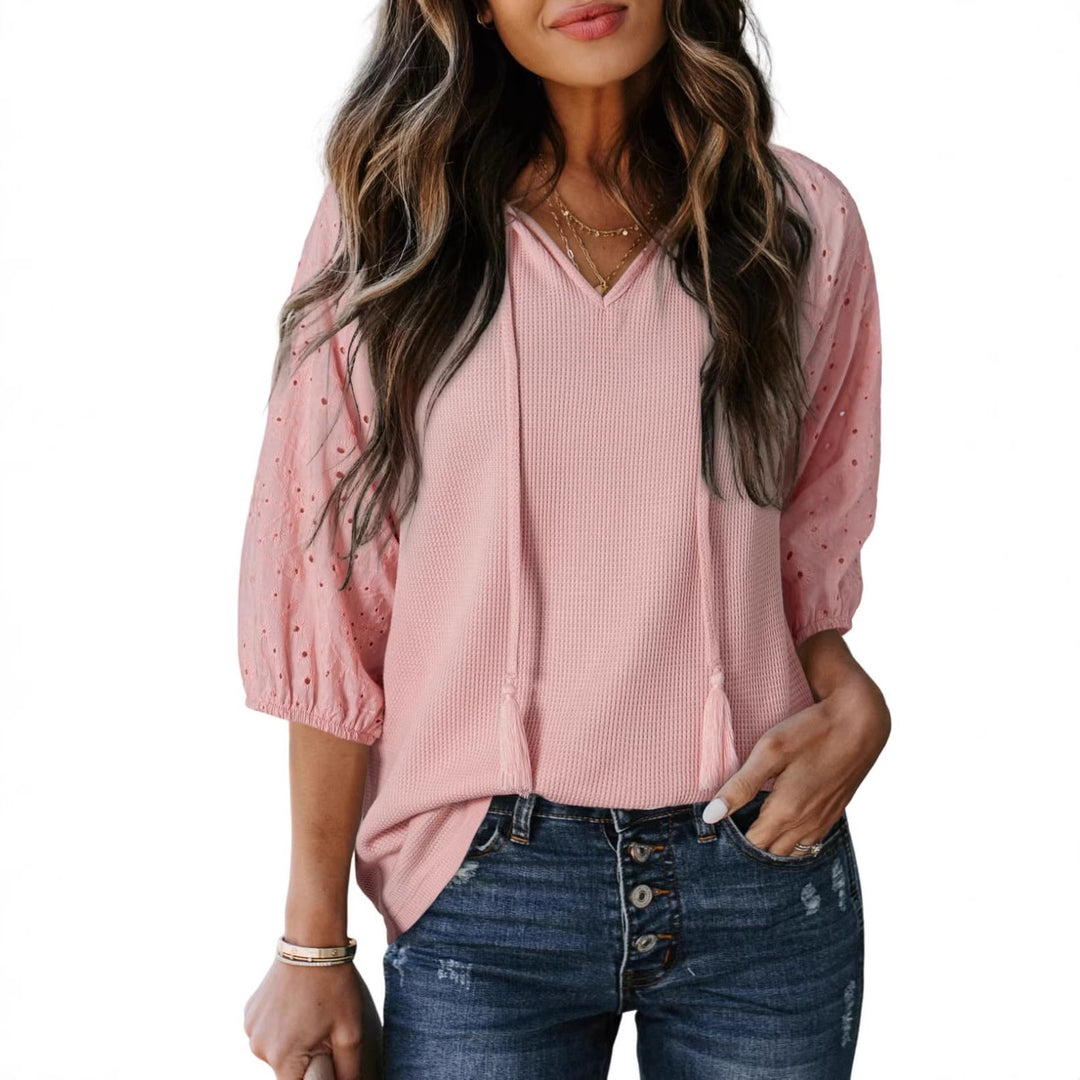 Damen Waffelshirt mit V‑Ausschnitt, Quasten und bestickten Puffärmeln Shop Nory