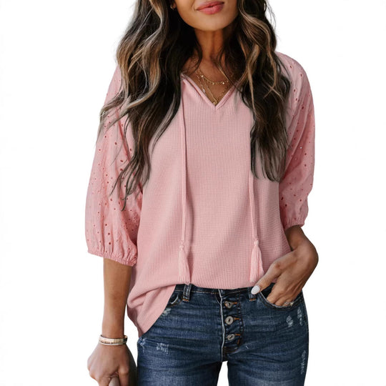 Damen Waffelshirt mit V‑Ausschnitt, Quasten und bestickten Puffärmeln Shop Nory