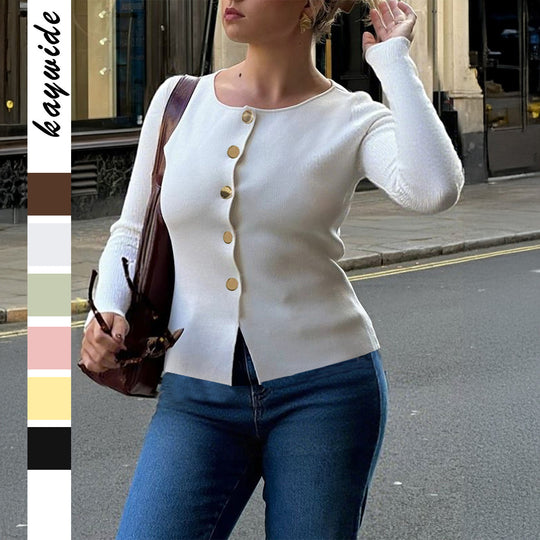 Damen nan taillierter Feinstrick-Cardigan mit asymmetrischer Goldknopf-Leiste und Frontschlitz Shop Nory