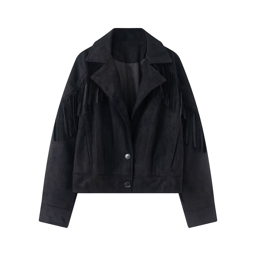 Damen Kurzjacke im Wildleder‑Look mit Fransenbesatz und Hemdkragen Shop Nory
