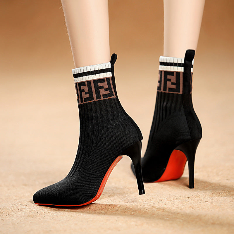 Damen nan elegante Strick-Socken-Stiefelette mit schmalem Stilettoabsatz und elastischem Schaft Shop Nory