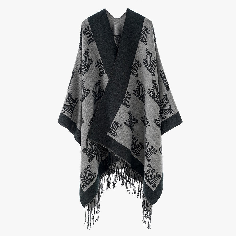 Damen Jacquard‑Monogramm‑Cape mit offenen Seiten und Fransen Shop Nory