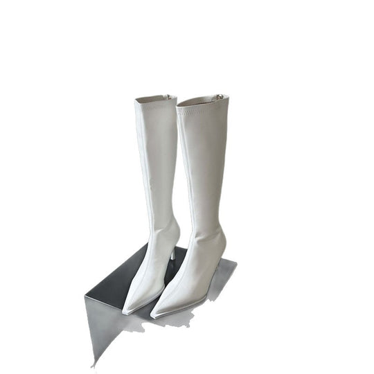 Damen kniehohe spitz zulaufende Stiefel mit sculpted Stiletto-Absatz und Rückseitenreißverschluss Shop Nory