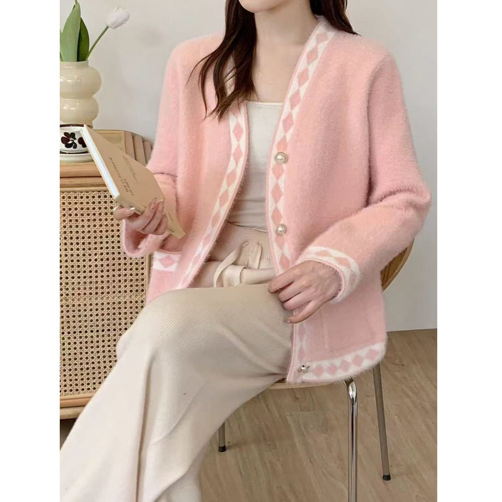 Damen Flauschige Strickjacke mit Dekorativem Muster Shop Nory