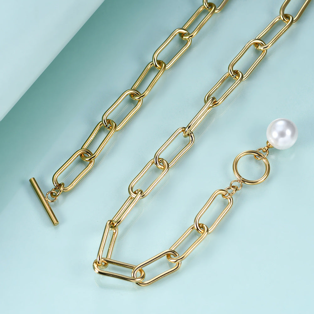 Damen Halskette mit modernem Gliederdesign und elegantem Perlenanhänger Shop Nory