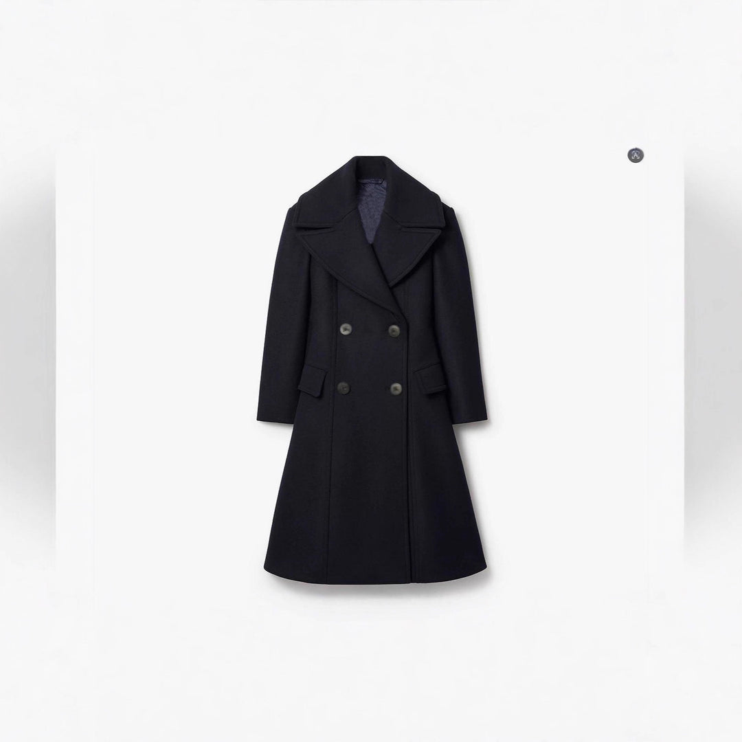 Damen Taillierter Doppelreiher-Wollmantel mit weitem Schalkragen und ausgestelltem Saum Shop Nory