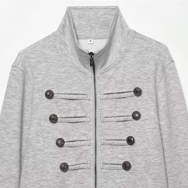 Damen Kurze Sweatjacke im Military-Stil mit Stehkragen und Zierknopfdetails Shop Nory