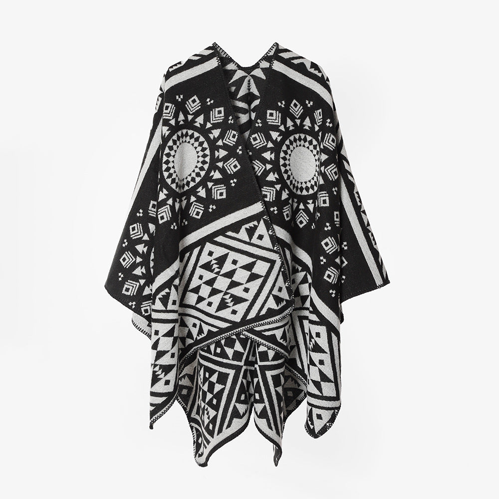 Damen Gewebter Jacquard‑Poncho mit Ethno‑Geometrischem Muster Shop Nory
