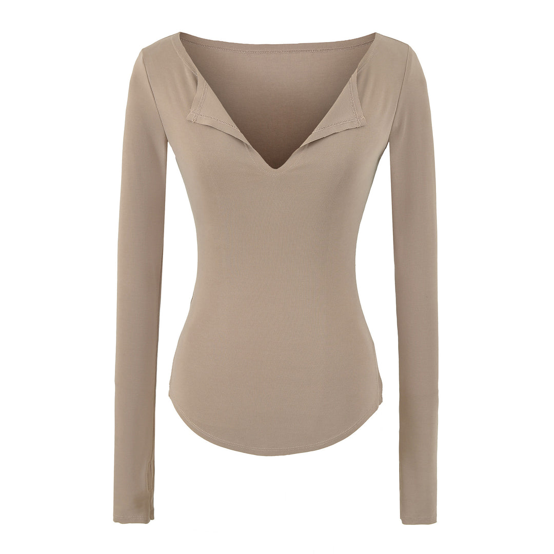 Damen Figurbetontes Rippenstrick-Longsleeve mit tiefem V‑Ausschnitt und Kragenblende Shop Nory