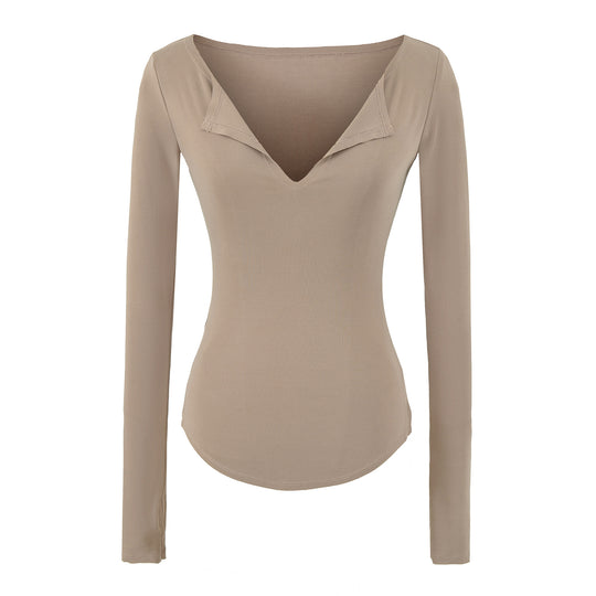 Damen Figurbetontes Rippenstrick-Longsleeve mit tiefem V‑Ausschnitt und Kragenblende Shop Nory