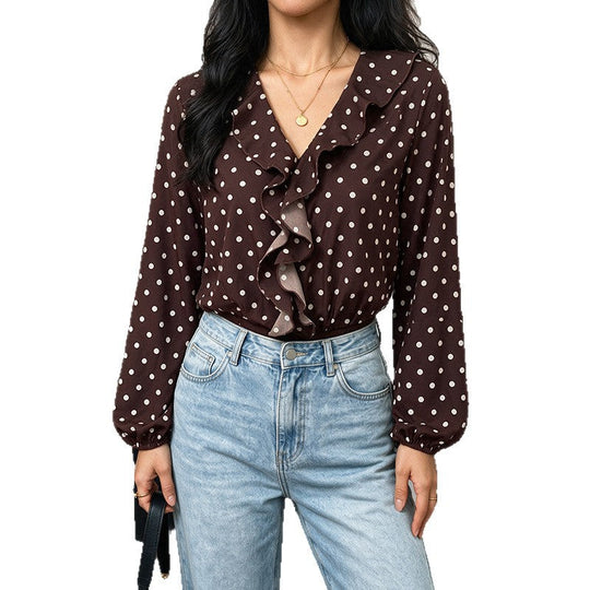 Damen Gepunktete Rüschenbluse mit V‑Ausschnitt, langen Ärmeln und elastischen Manschetten Shop Nory