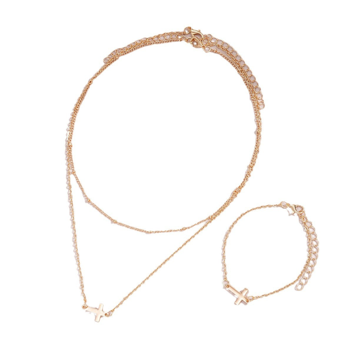 Damen mehrlagige Halskette und Armband-Set mit minimalistischen Kreuzanhängern Shop Nory