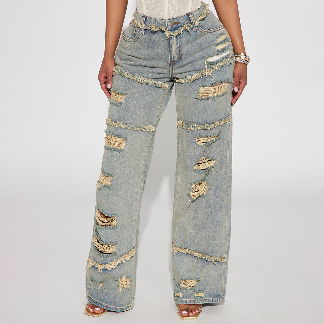 Damen Hochtaillierte Oversize-Jeans mit weitem Bein und ausgefransten Rissen Shop Nory