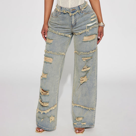 Damen Hochtaillierte Oversize-Jeans mit weitem Bein und ausgefransten Rissen Shop Nory
