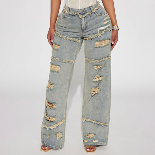 Damen Hochtaillierte Oversize-Jeans mit weitem Bein und ausgefransten Rissen Shop Nory