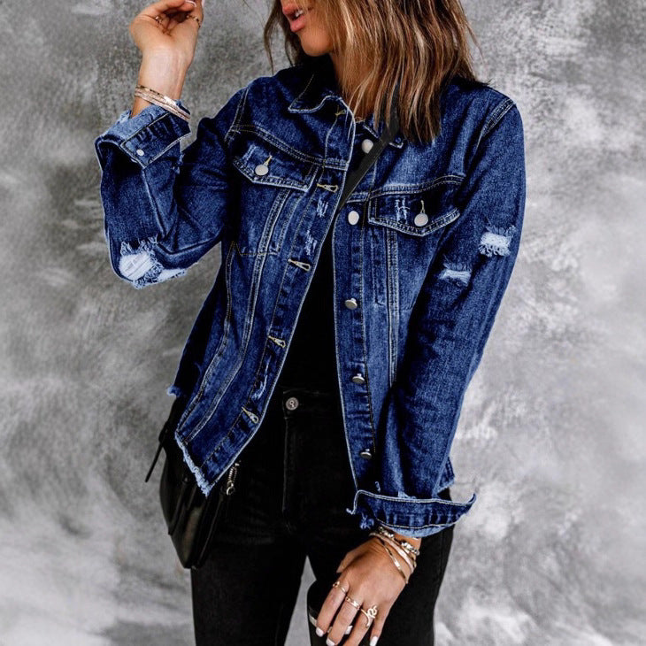 Damen Taillenbetonte Denim-Truckerjacke mit leichtem Destroyed-Effekt und Fransenbund Shop Nory
