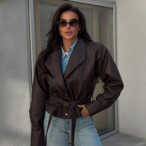 Damen Kurzblazer aus veganem Leder mit Taillengürtel Shop Nory