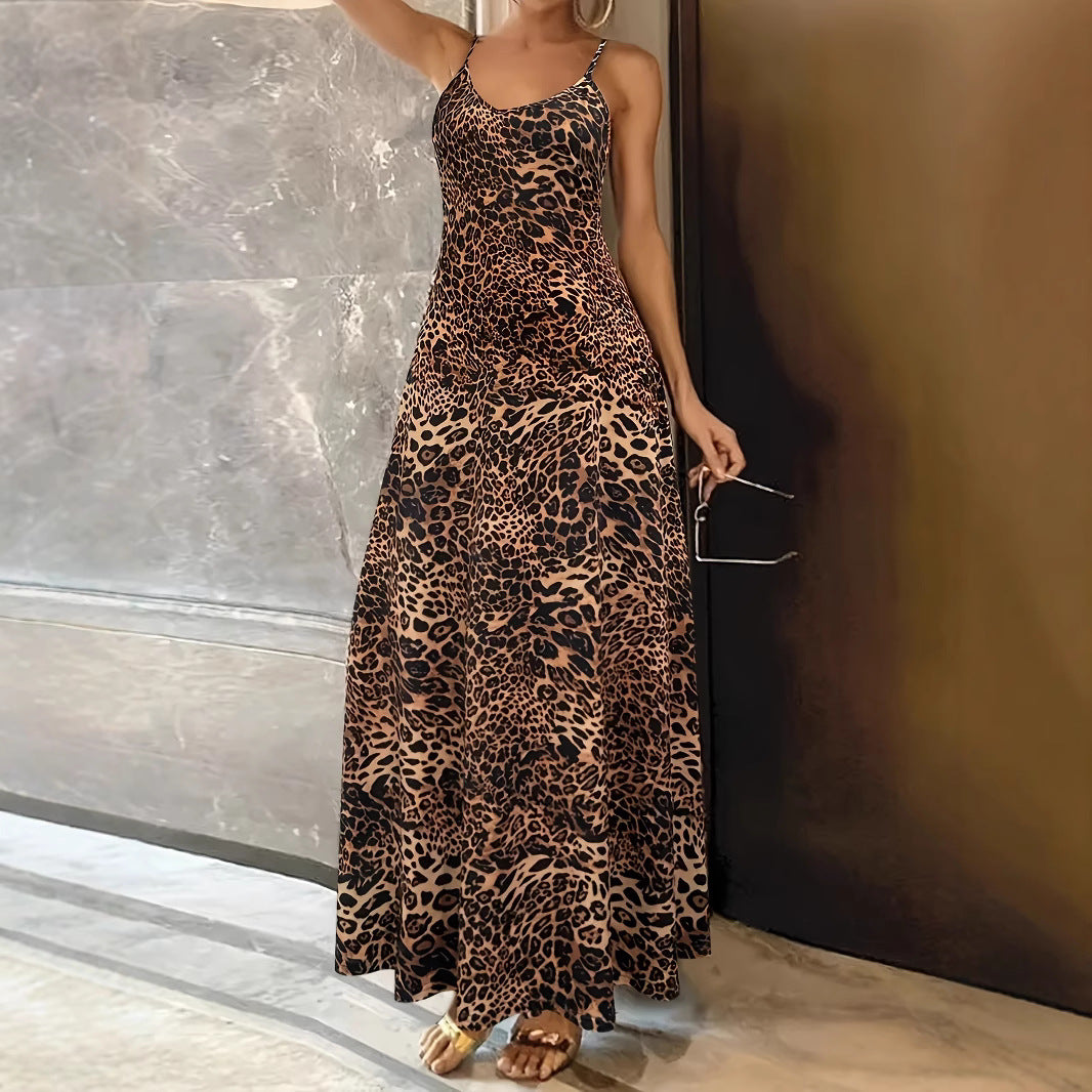 Damen Maxikleid mit Spaghetti-Trägern und asymmetrischem Tiermuster