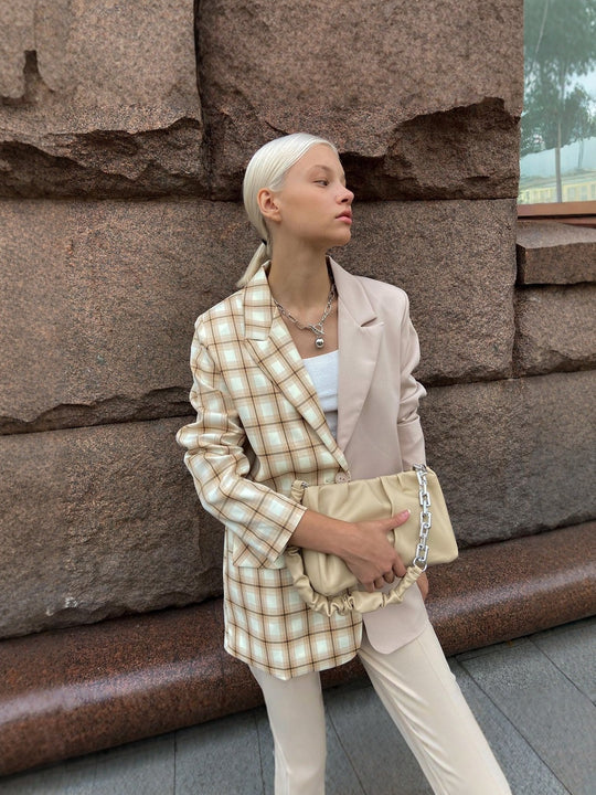 Damen Zweifarbiger Oversize-Blazer mit Karomuster und Reverskragen Shop Nory