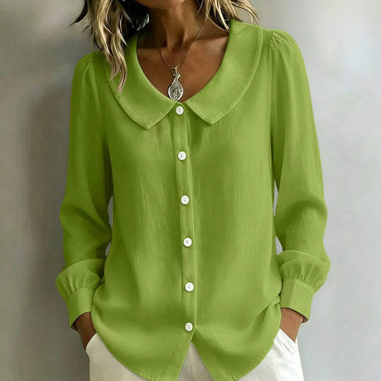 Damen Locker geschnittene Bluse mit Rundkragen, Puffärmeln und Perlmuttknopfleiste Shop Nory