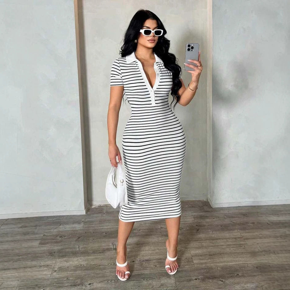 Damen Figurbetontes Polokleid im Streifen‑Look aus Rippstrick mit kurzem Ärmel Shop Nory