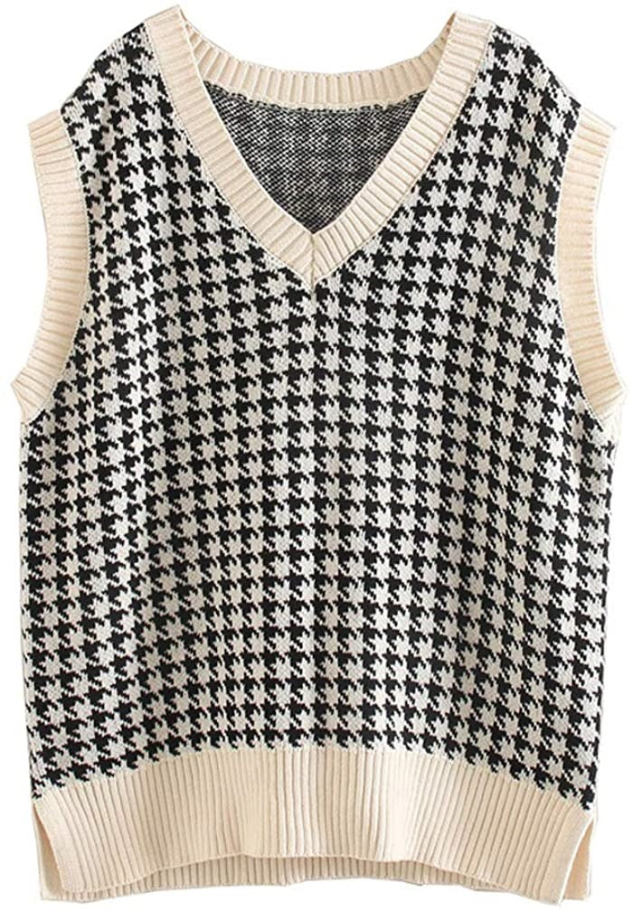 Damen ärmellose Strickweste mit modernem Hahnentrittmuster