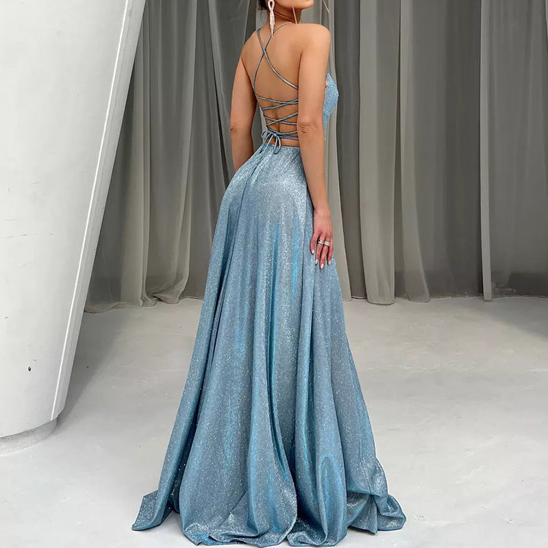 Damen Glamouröses Abendkleid mit offenem Rücken und funkelnder Stoffqualität