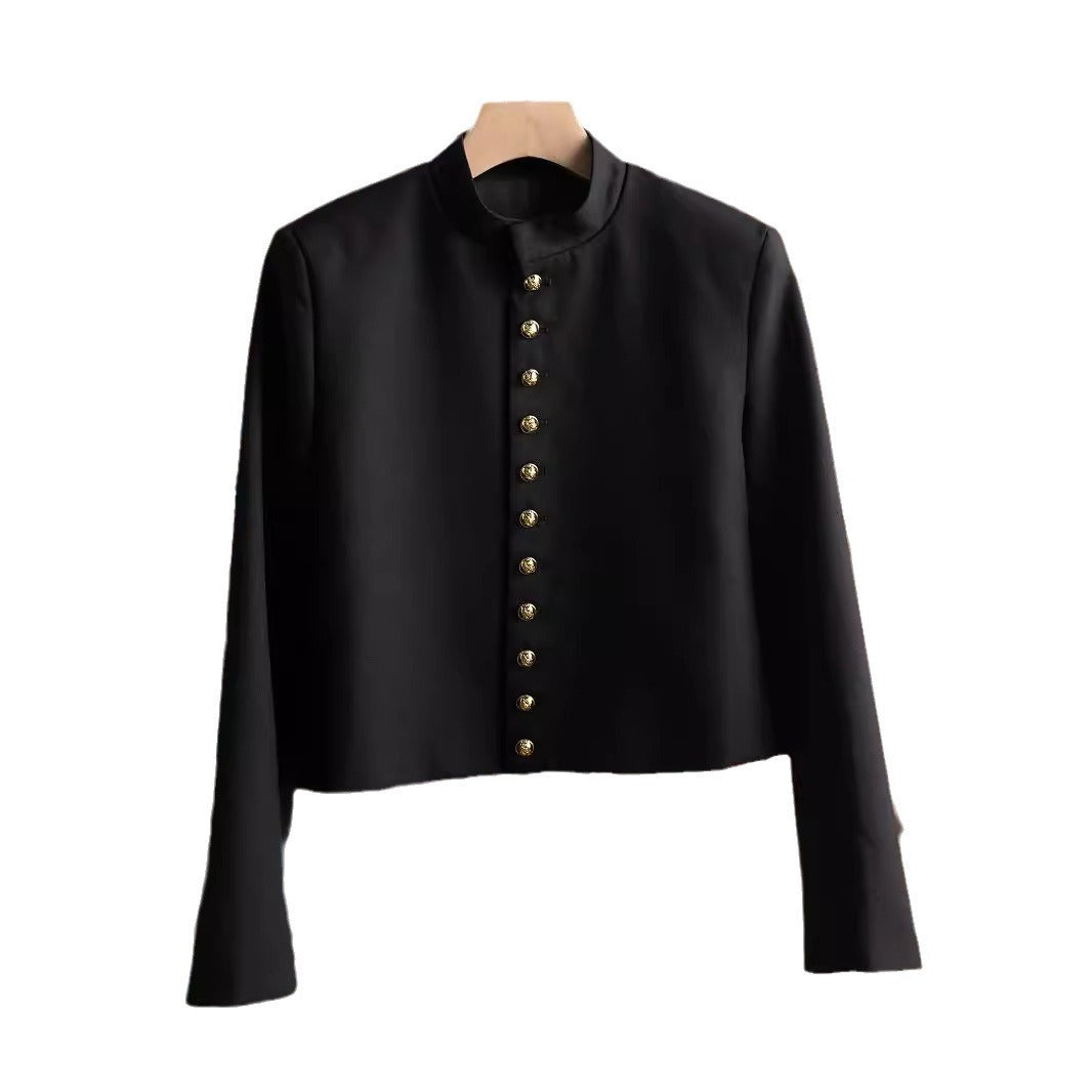 Damen Modische Jacke mit Stehkragen und goldenen Knöpfen Shop Nory