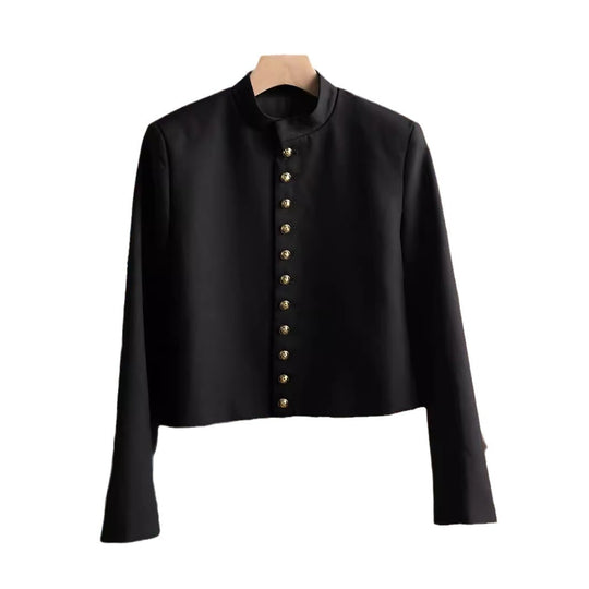 Damen Modische Jacke mit Stehkragen und goldenen Knöpfen Shop Nory