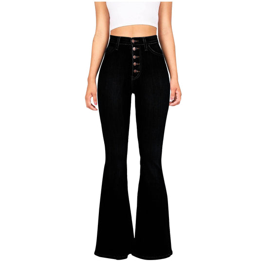 Damen High-Waist Flared Jeans mit dekorativen Knopfdetails und elastischem Bund Shopnory