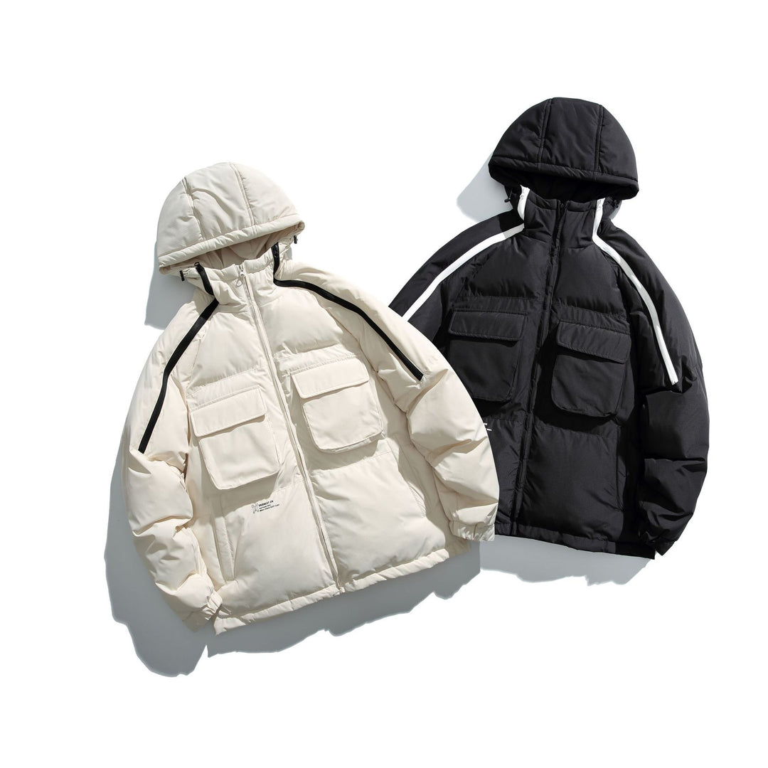 Unisex Kurz geschnittener Boxy-Puffer mit Kapuze, Kontraststreifen und großen Klappentaschen Shop Nory
