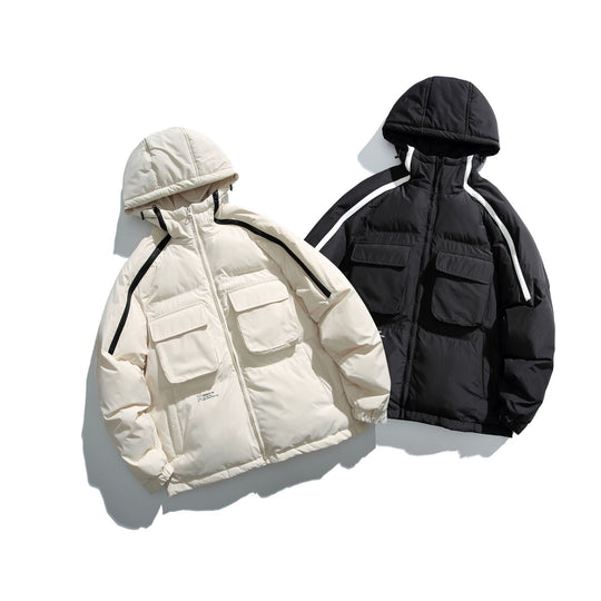 Unisex Kurz geschnittener Boxy-Puffer mit Kapuze, Kontraststreifen und großen Klappentaschen Shop Nory