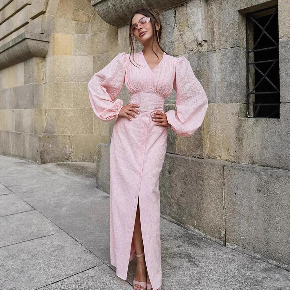 Damen Maxikleid mit Puffärmeln, tailliertem Mieder und Frontknopfleiste Shop Nory
