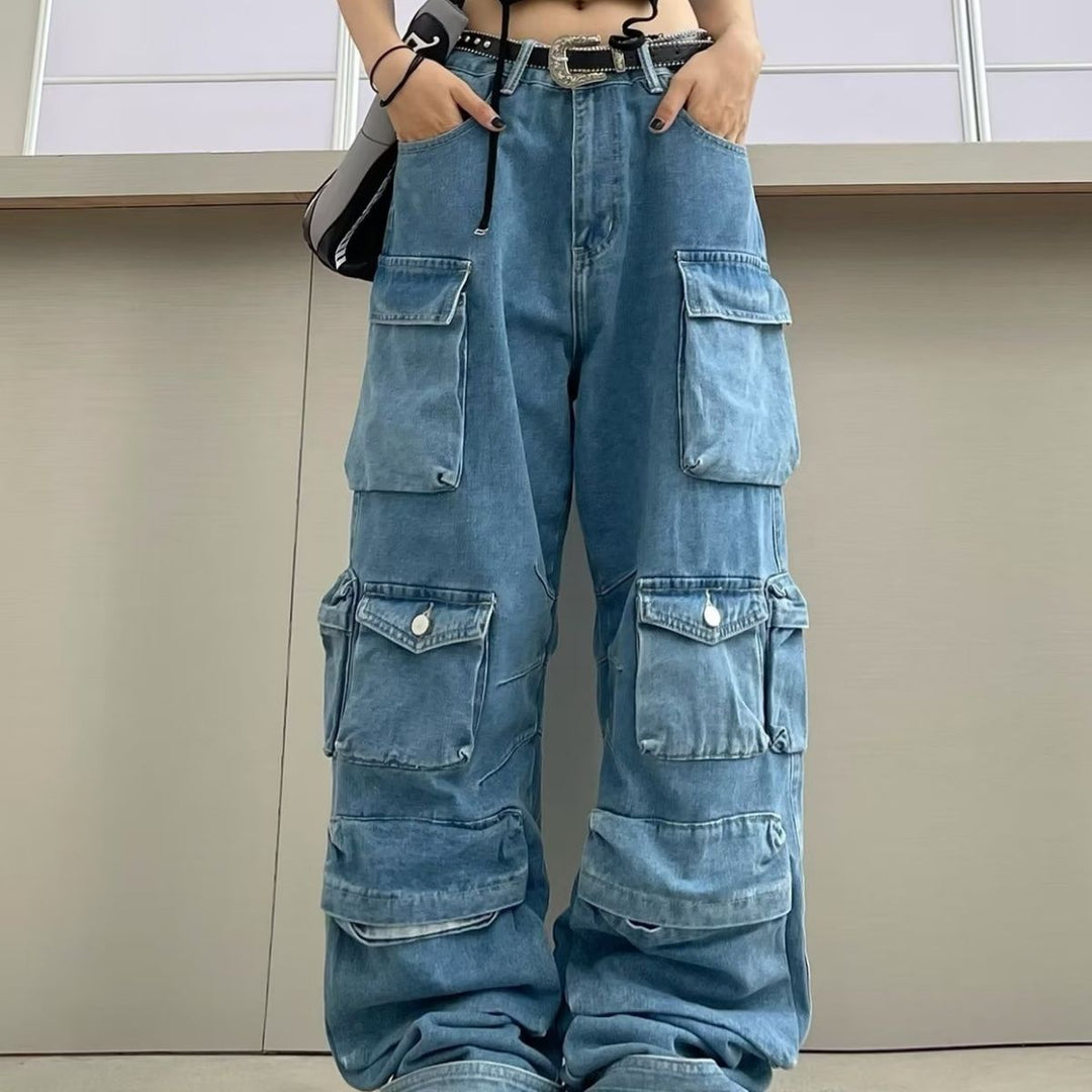 Damen weit geschnittene Cargo-Jeans mit mehreren Taschen und entspannter Passform