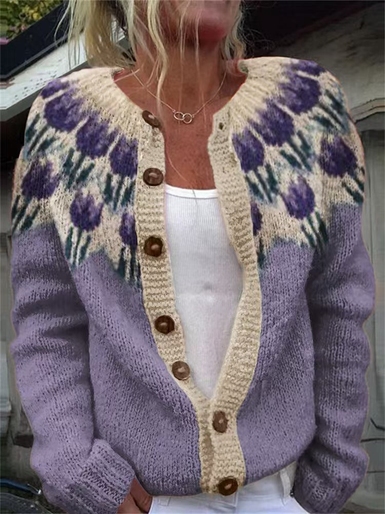 Damen nan gemusterte Strickjacke mit Rundpasse, Holzknöpfen und Eingrifftaschen Shop Nory