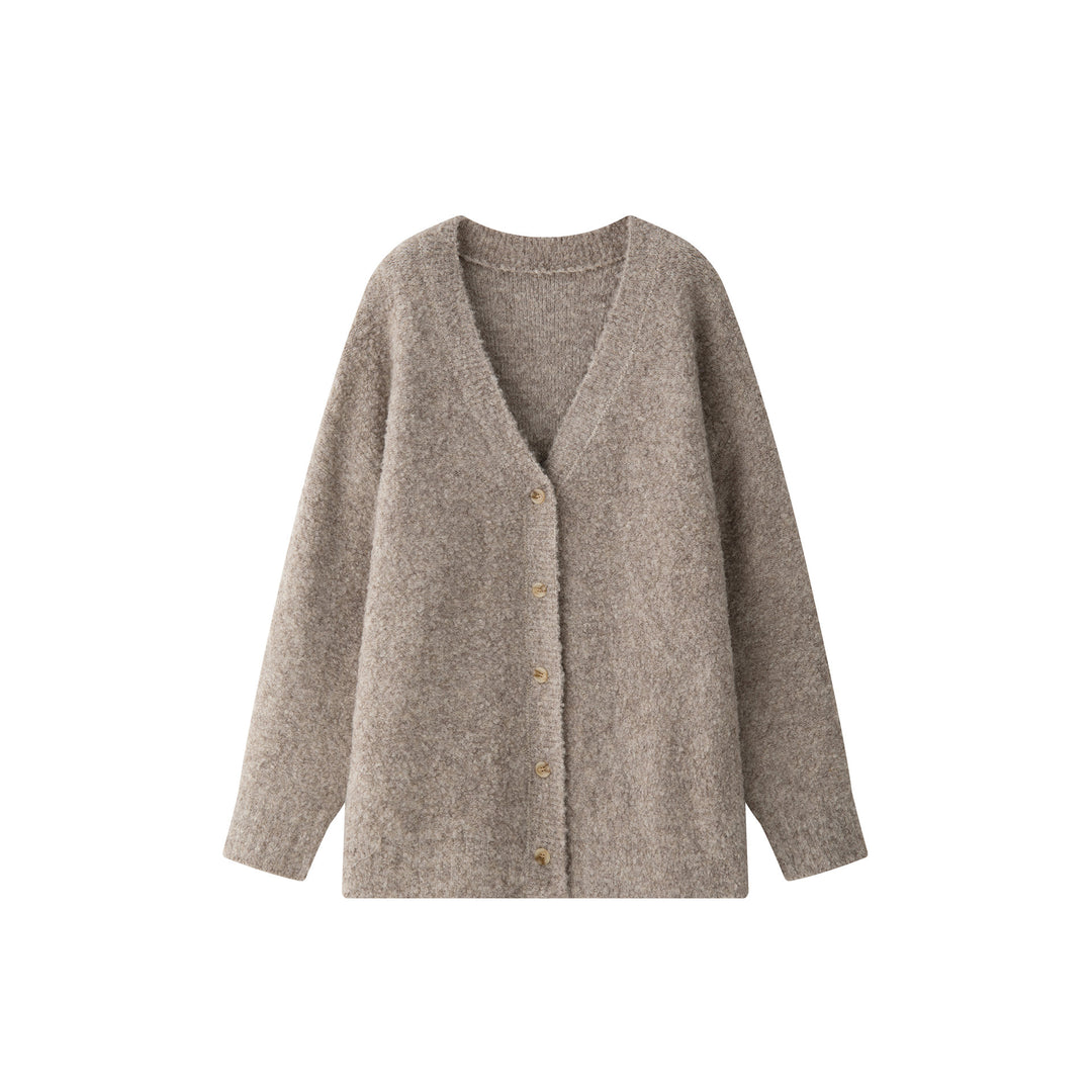 Damen Boxy‑Cardigan aus fluffigem Bouclé‑Wollmix mit tiefem V und Knopfleiste Shop Nory