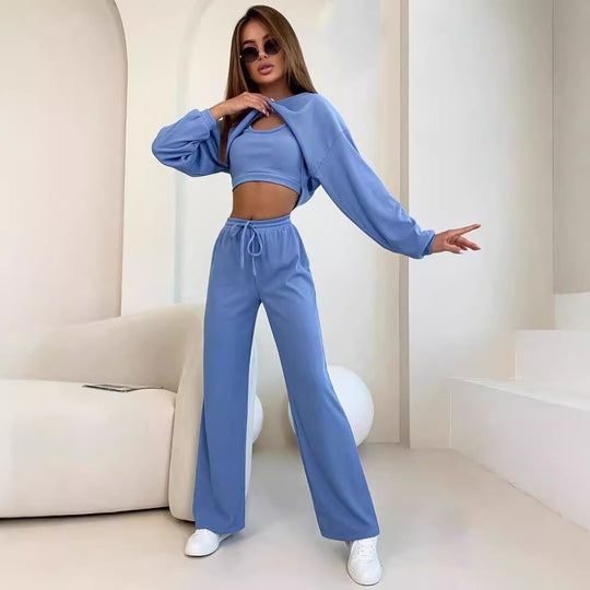 Damen Ripp-Lounge-Set mit Cut-Out Croptop, Oversize Cropped Pullover und High-Waist Jogginghose Shop Nory