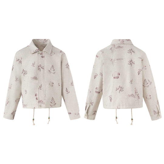 Damen Kurzer floraler Leinenblouson mit Kordelzug, verdeckter Knopfleiste und Hemdkragen Shop Nory