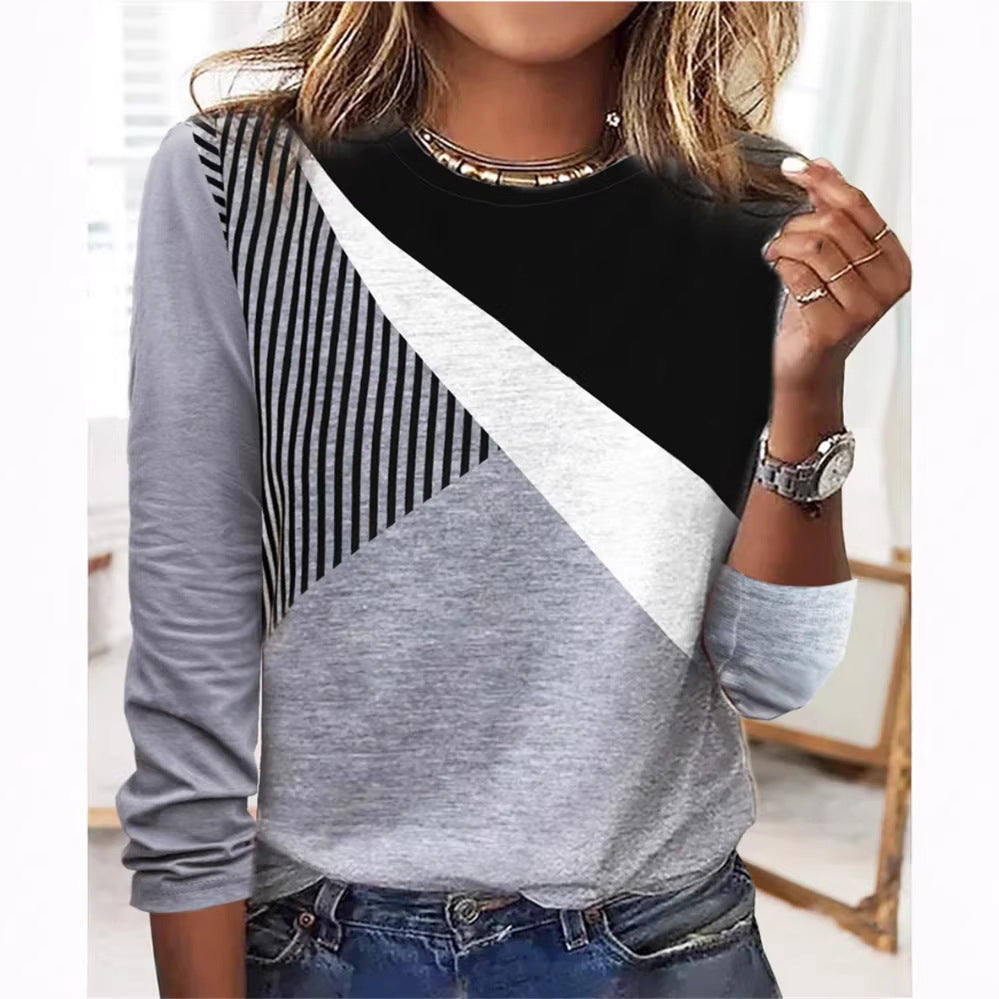 Damen Farbblock Langarmshirt mit schrägem Streifenmuster und Rundhalsausschnitt Shop Nory