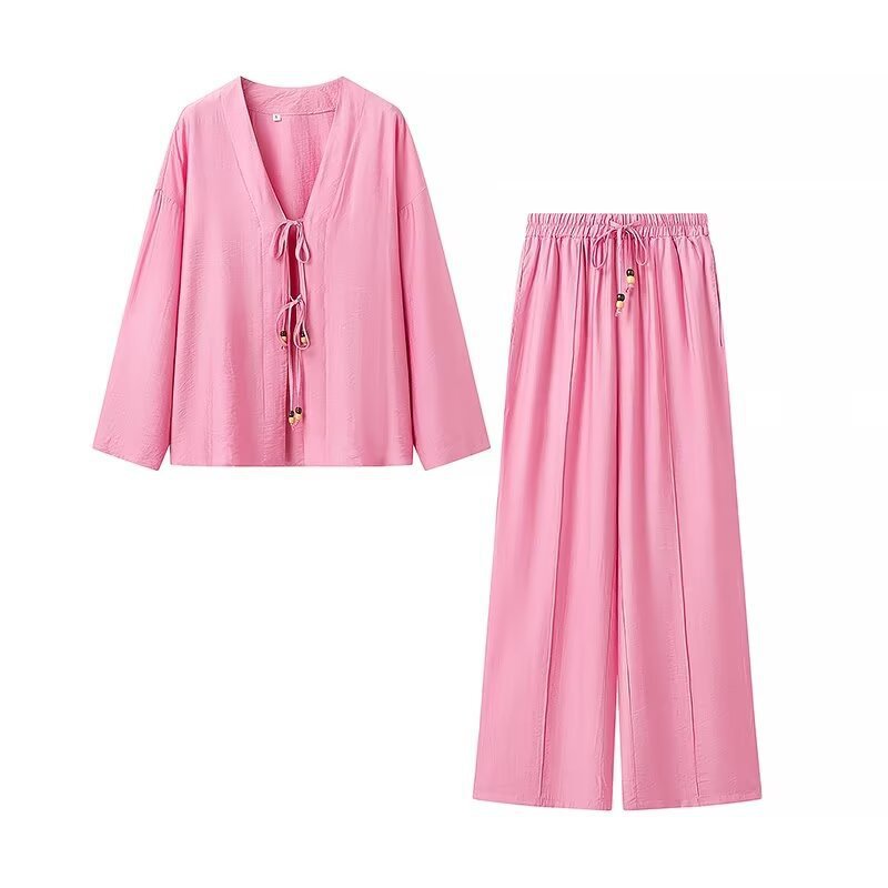 Damen Zweiteiliges Leichtes Lounge-Set mit V‑Ausschnitt, Tunnelzughose und weitem Bein Shop Nory