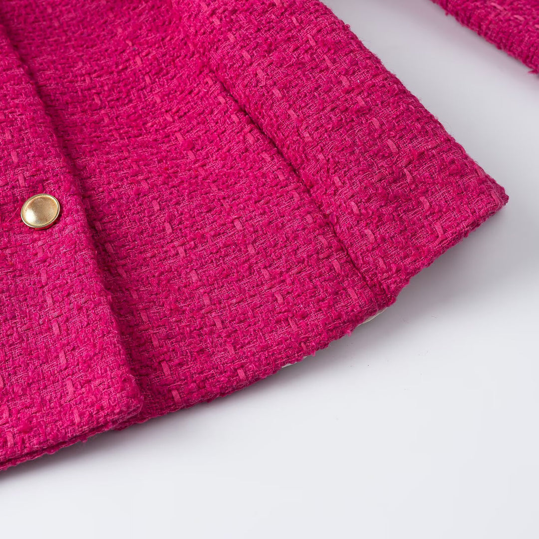 Damen Kurze Bouclé-Jacke mit Taillengürtel, Brustklappen und goldenen Zierknöpfen Shop Nory