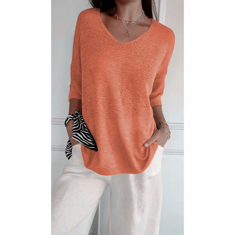 Damen nan locker sitzender V-Ausschnitt Feinstrickpullover mit dreiviertelÄrmeln Shop Nory