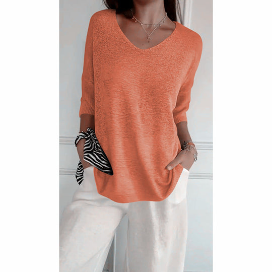 Damen nan locker sitzender V-Ausschnitt Feinstrickpullover mit dreiviertelÄrmeln Shop Nory