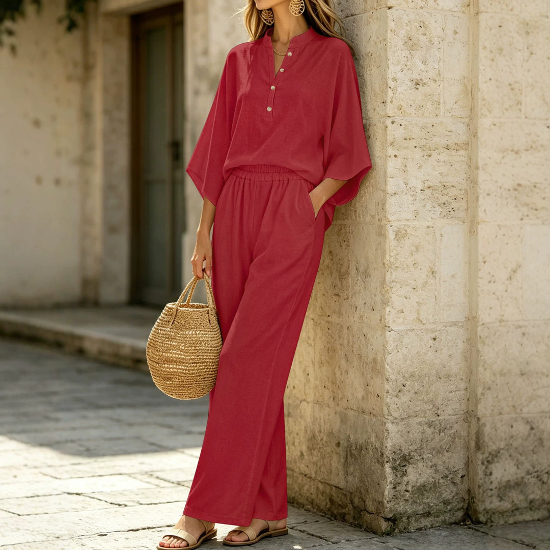 Damen Leichtes Jersey-Set mit Oversize-Henleybluse, Kimonoärmeln und weiter Bundhose Shop Nory