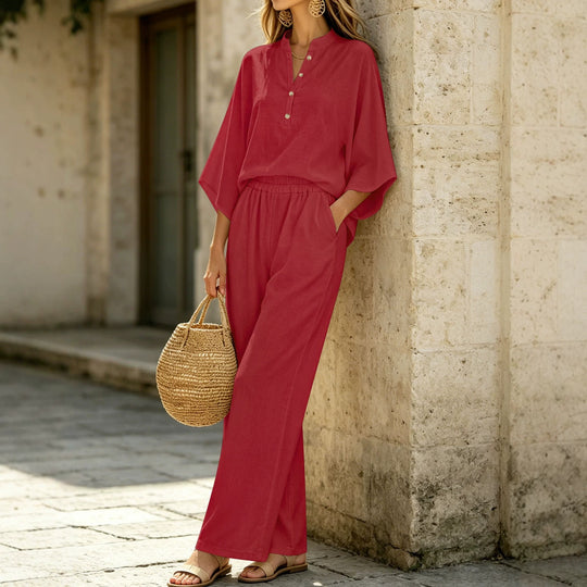Damen Leichtes Jersey-Set mit Oversize-Henleybluse, Kimonoärmeln und weiter Bundhose Shop Nory