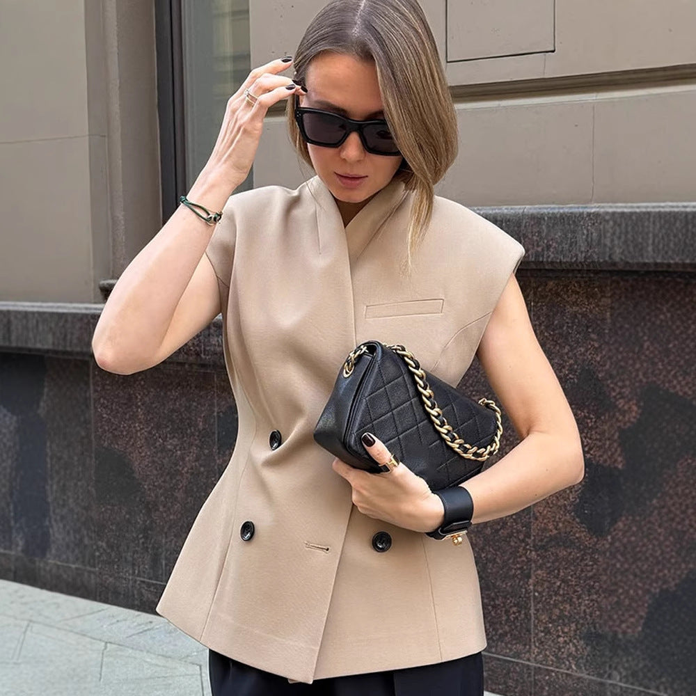 Damen Ärmellose taillierte Blazer-Weste mit doppelter Knopfleiste & strukturierter Schulterpartie Shop Nory