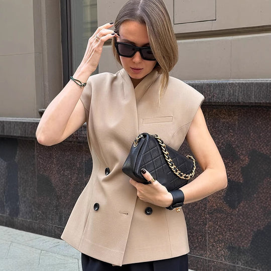 Damen Ärmellose taillierte Blazer-Weste mit doppelter Knopfleiste & strukturierter Schulterpartie Shop Nory